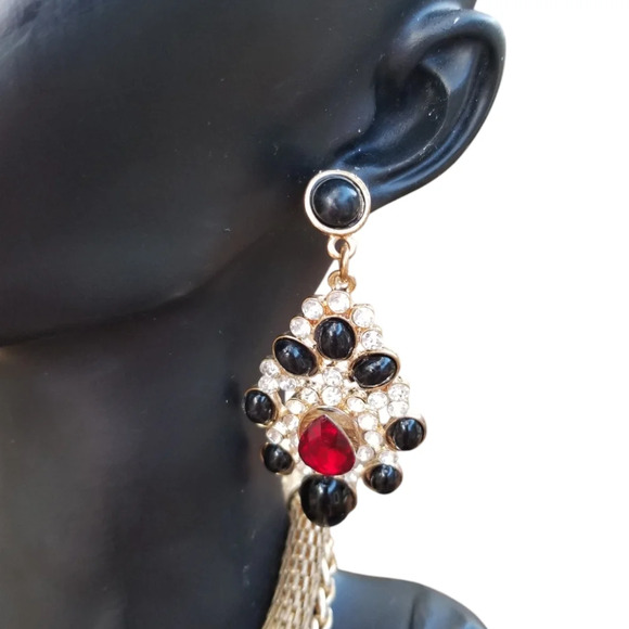 VINTAGE GOLDTONE & RHINESTONE STATEMENT NECKLACE & DROP EARRINGS SET - Picture 3 of 10